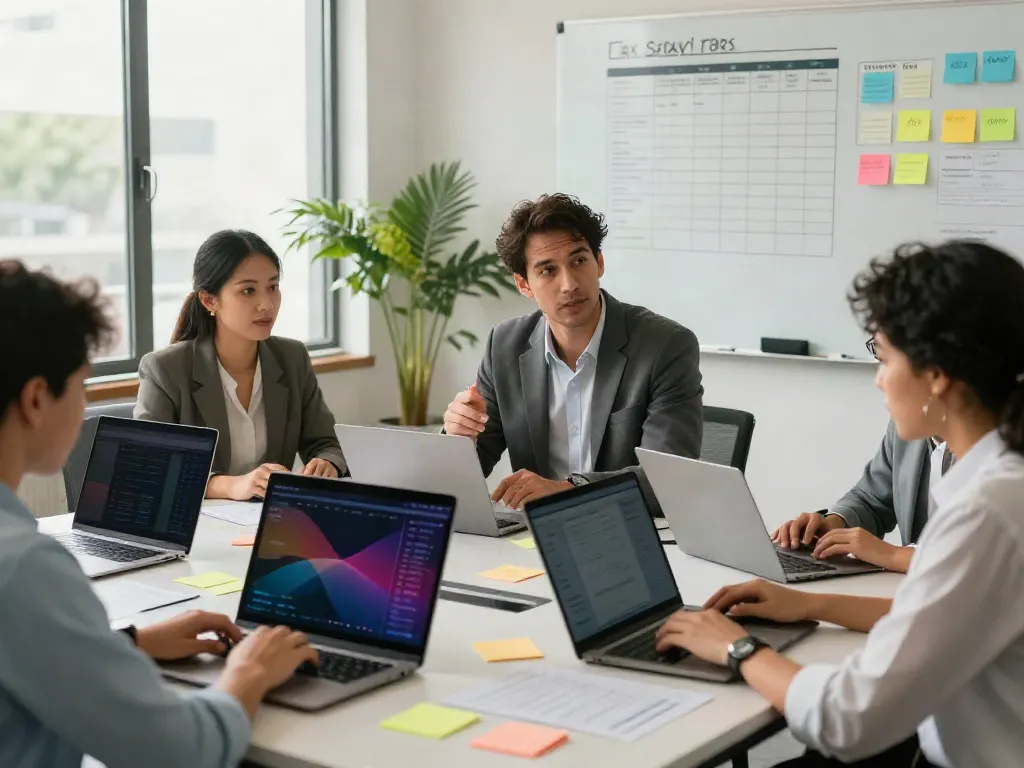 Team of tax professionals collaborating on service bureau tax software in a modern office setting.