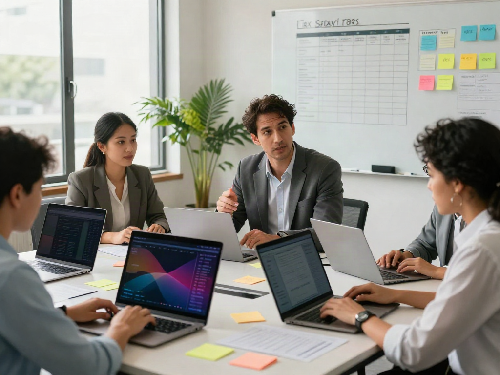 Team of tax professionals collaborating on service bureau tax software in a modern office setting.