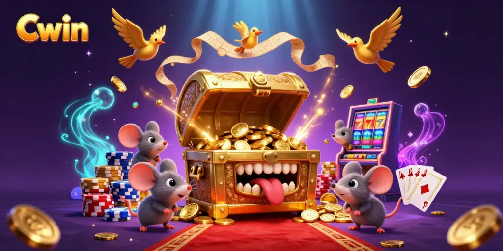 Cwin invites players into a vibrant casino scene with golden treasures, slot machines, and shimmering jackpots.