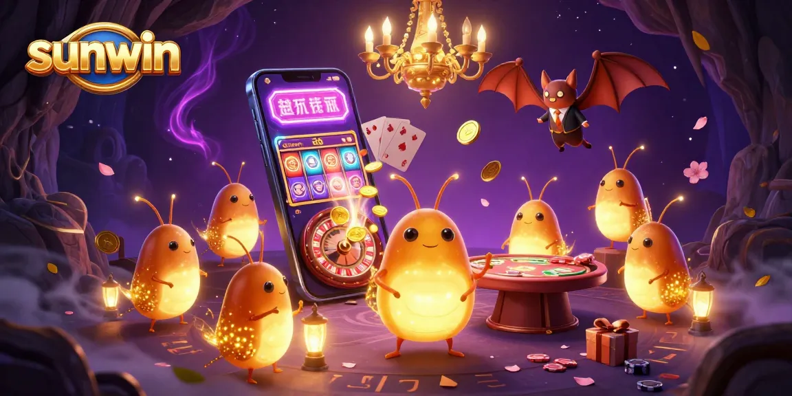 Experience excitement with sunwin in a vibrant casino scene featuring glowworms and a bat dealer.