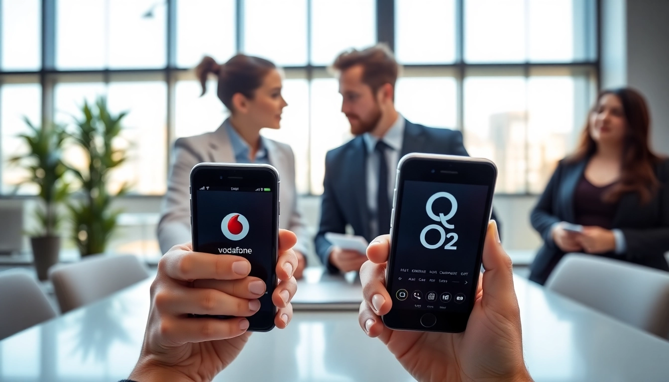 Compare Vodafone vs O2 business mobile features with professionals discussing options.