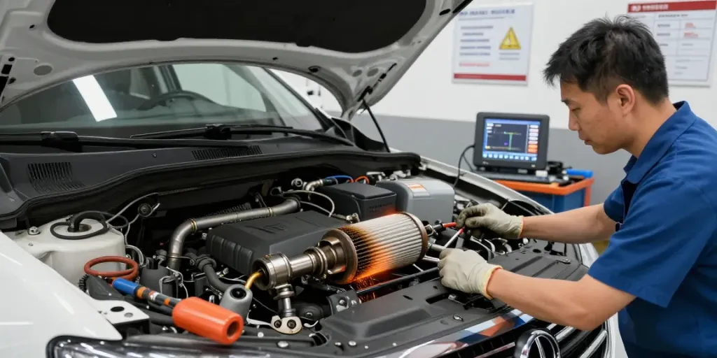 Techniker führt DPF-Regeneration durch, um Rußpartikel zu entfernen.