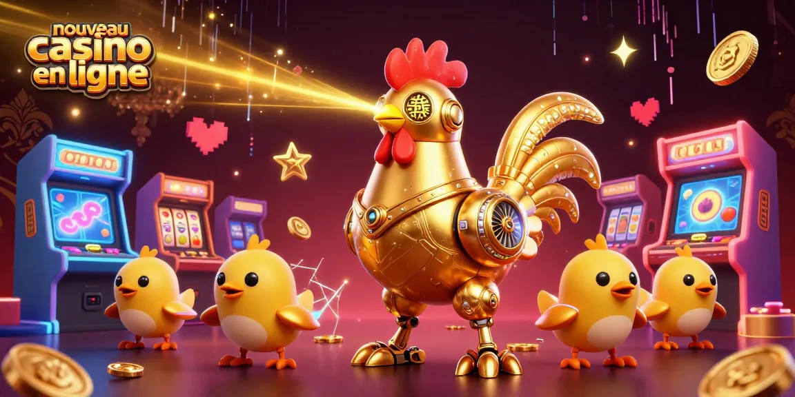 Jouez au nouveau casino en ligne avec un robot en forme de coq doré et des machines à sous colorées.