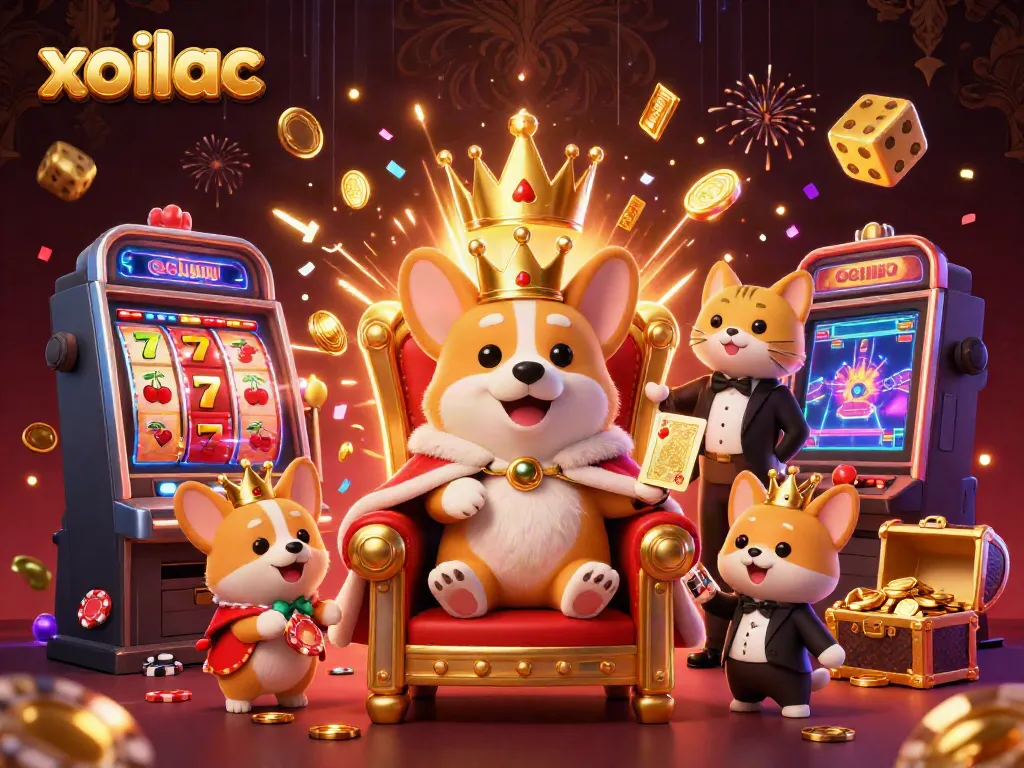 Xoilac showcases a vibrant 3D cartoon scene with a corgi cat royalty surrounded by casino games bursting with excitement and treasures.