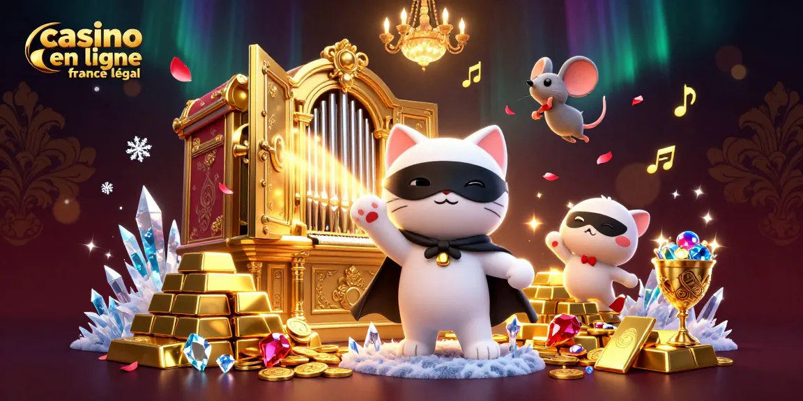 Illustration 3D d'un casino en ligne France légal avec un chat en demi-masque, des gemmes et des barres d'or.