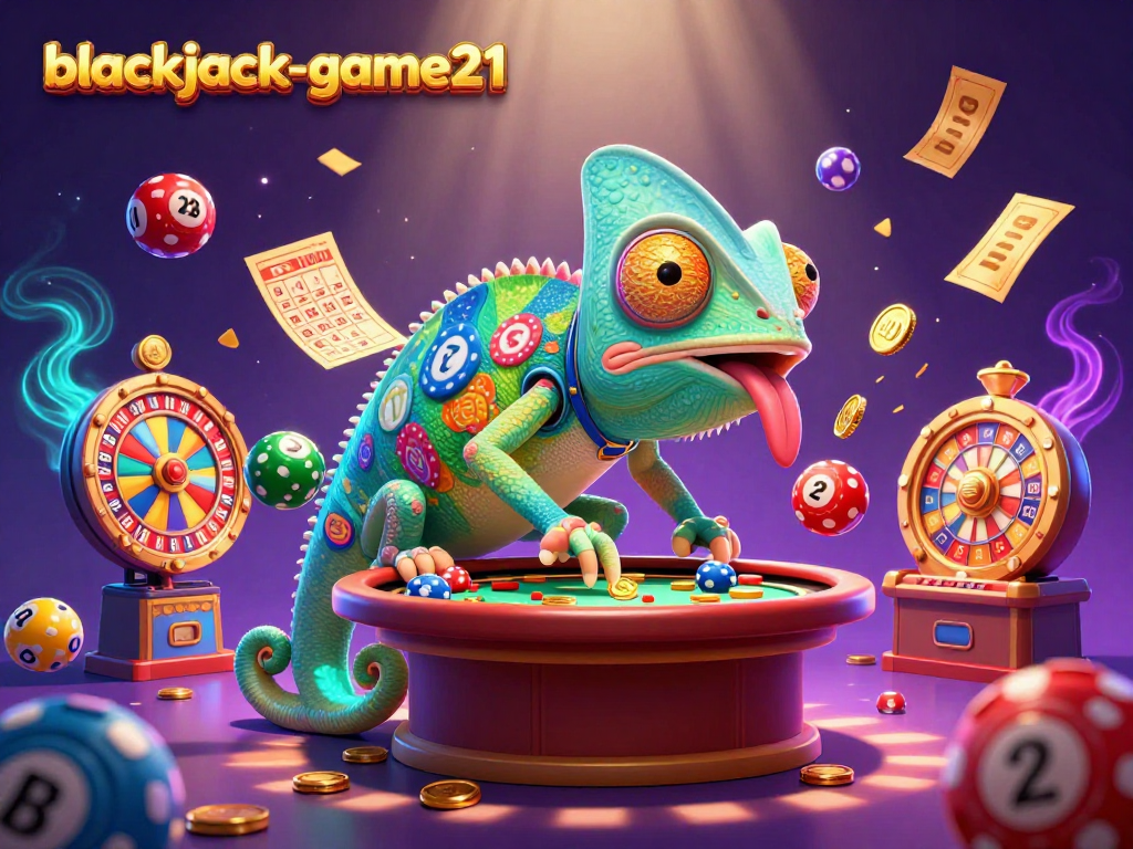 Engage with blackjack-game21 featuring a vibrant chameleon casino owner among lively game elements.