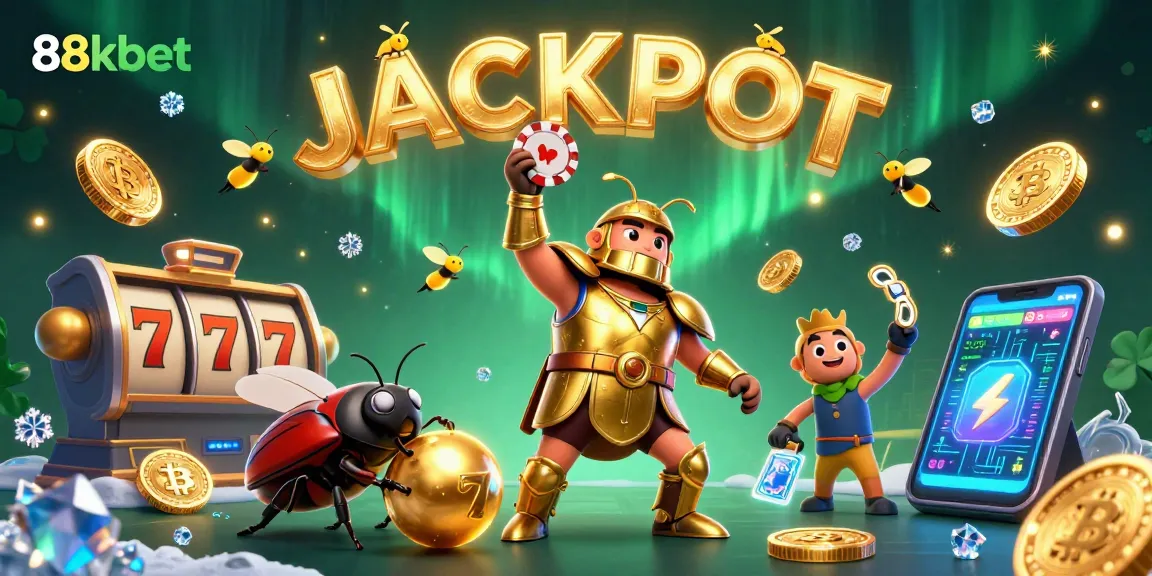 Win big with 88kbet as our heroic beetle celebrates a massive jackpot in a vibrant casino scene.
