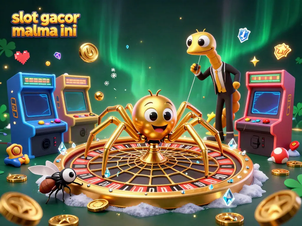Experience thrills with "slot gacor malma ini" featuring a golden spider at a roulette wheel.