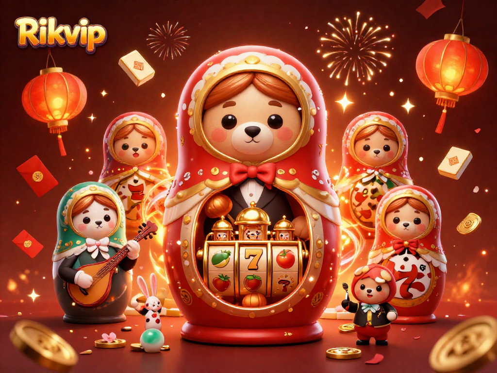 Rikvip engages players with vibrant 3D casino-themed illustration showcasing dealer bears and festive elements.
