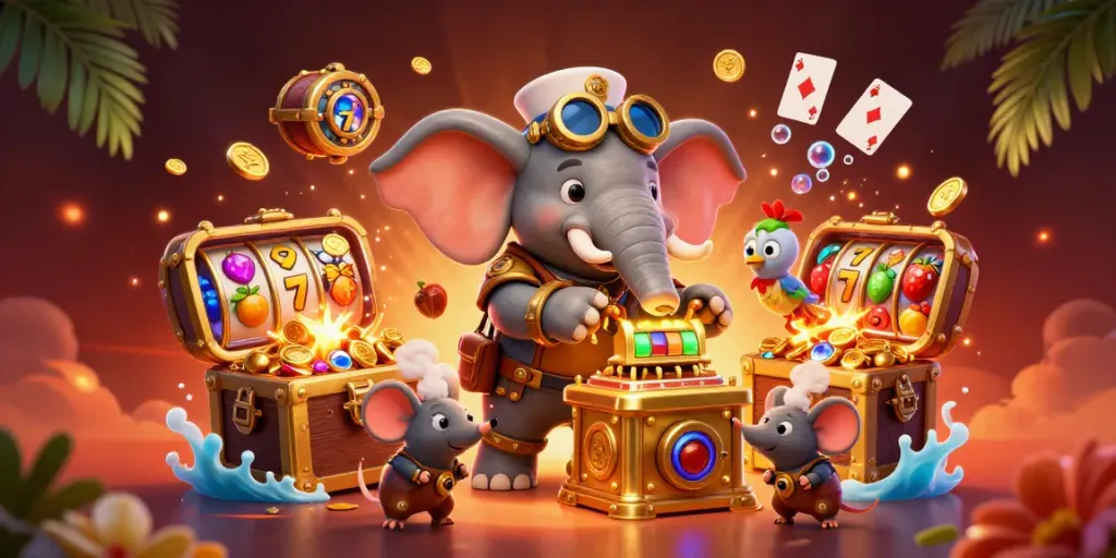 88CLB's steampunk elephant engineer spins a golden slot machine amidst dynamic gaming elements.