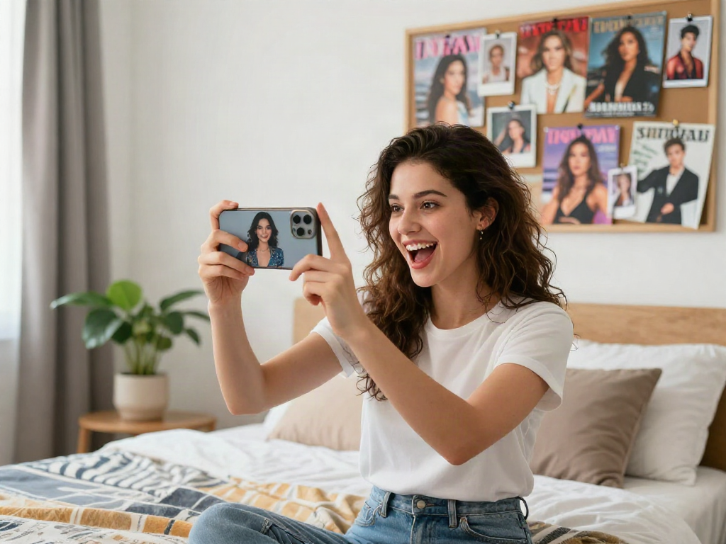 Young woman discovering her celebrity look alike with smartphone in modern bedroom.