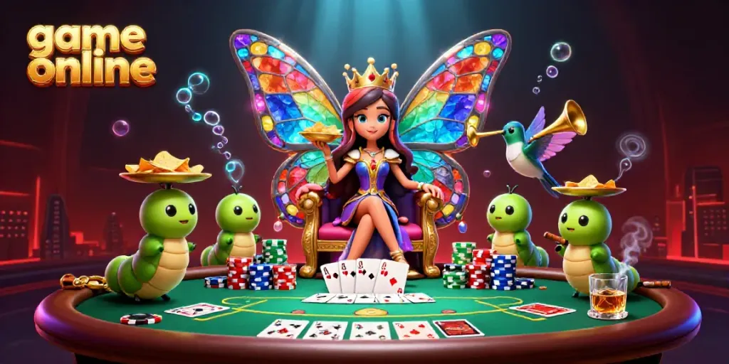 Engaging scene depicting game online with a butterfly queen, poker chips, and vibrant casino elements.