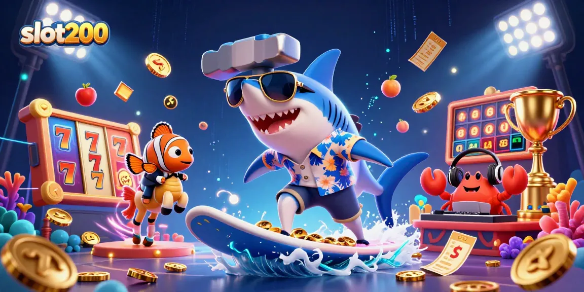 Experience thrilling slot200 adventures with 3D characters surfing gold coins in a vibrant casino landscape.