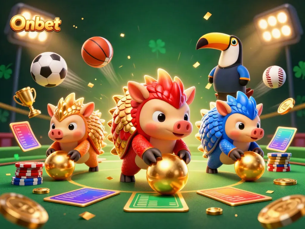 Onbet pangolins competing in a dynamic casino scene with flying sports elements and golden chips.