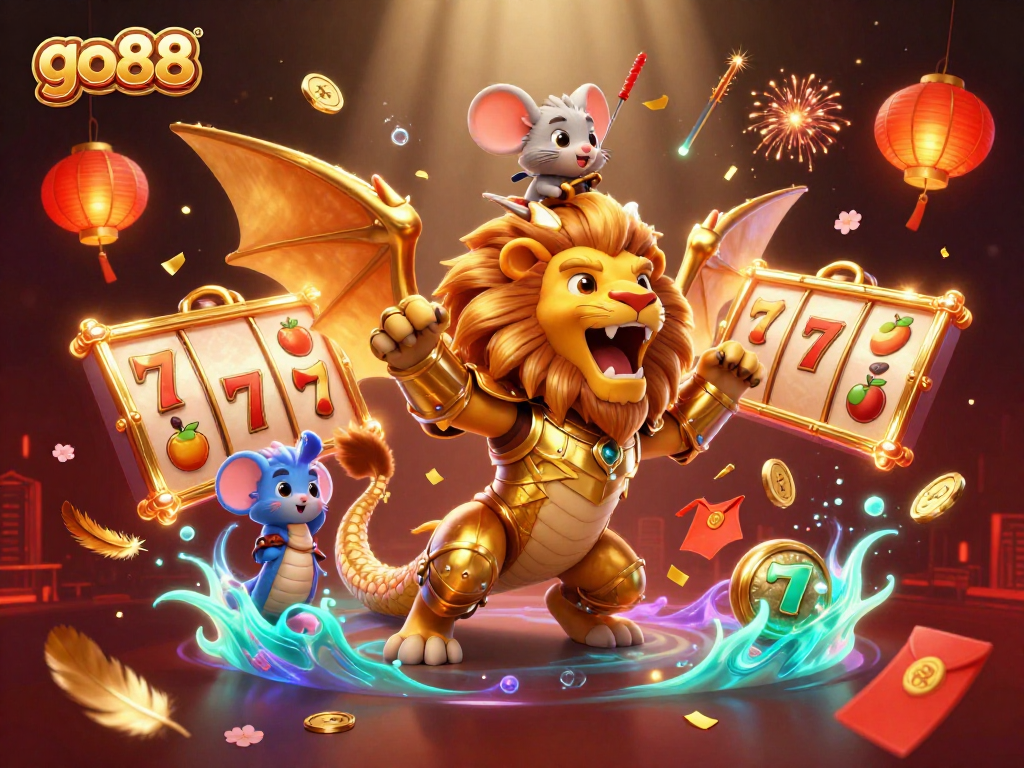 Join go88's thrilling adventure in a vibrant casino-themed world featuring a roaring chimera and lucky symbols.