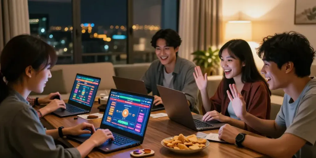 Situs togel betting experience with friends celebrating in a cozy living room.