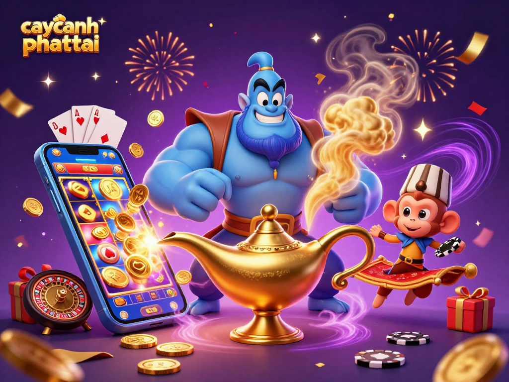 Caycanhphattai shows the blue genie emerging from a lamp with vibrant slot game elements, enhancing the casino experience.